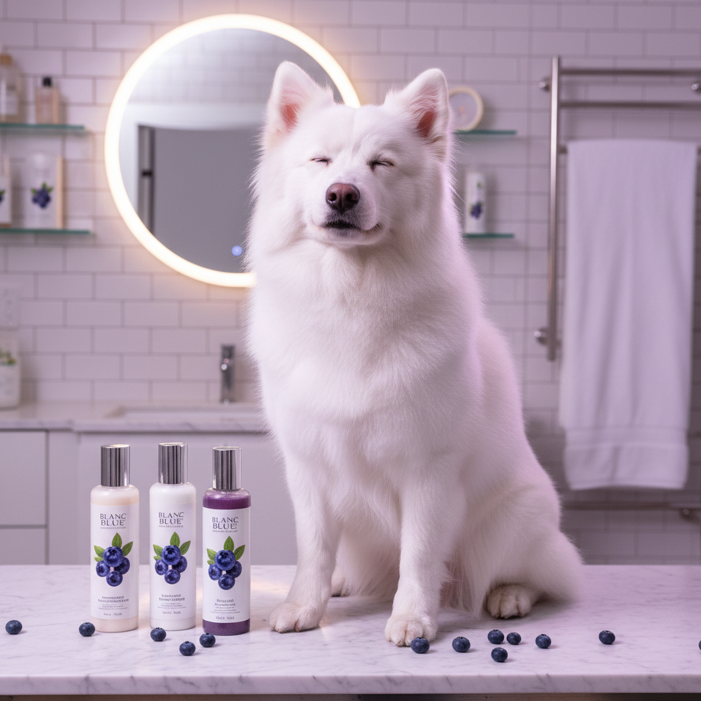 Pet grooming bundle with three bottles, featuring blueberry-themed blue and purple labels