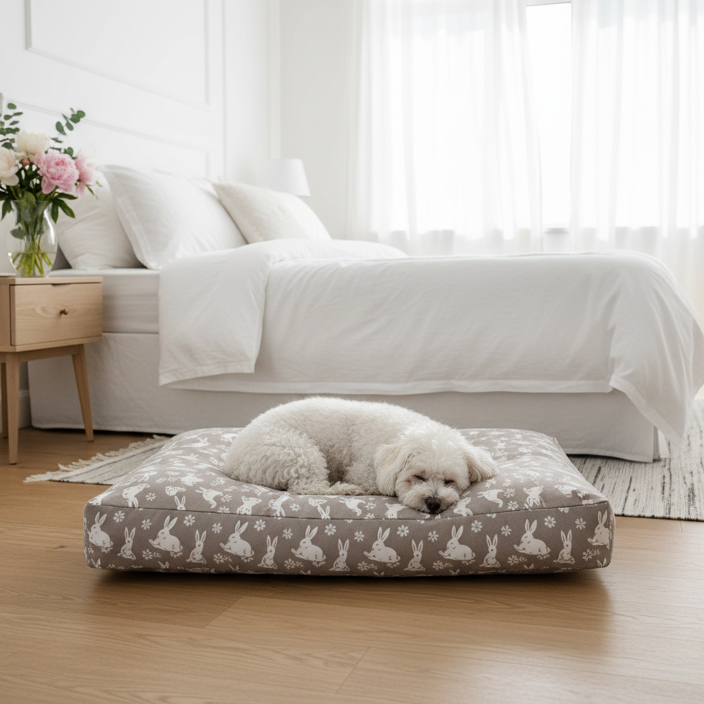 Pet bed with gray removable cover featuring white bunny print and cushioned bolster