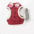 Red plaid mesh pet leash harness set with bow top and matching grey leash