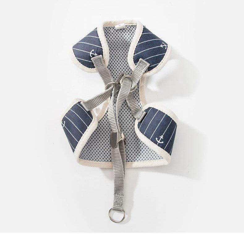 Navy striped mesh pet leash harness set with anchor print and grey leash