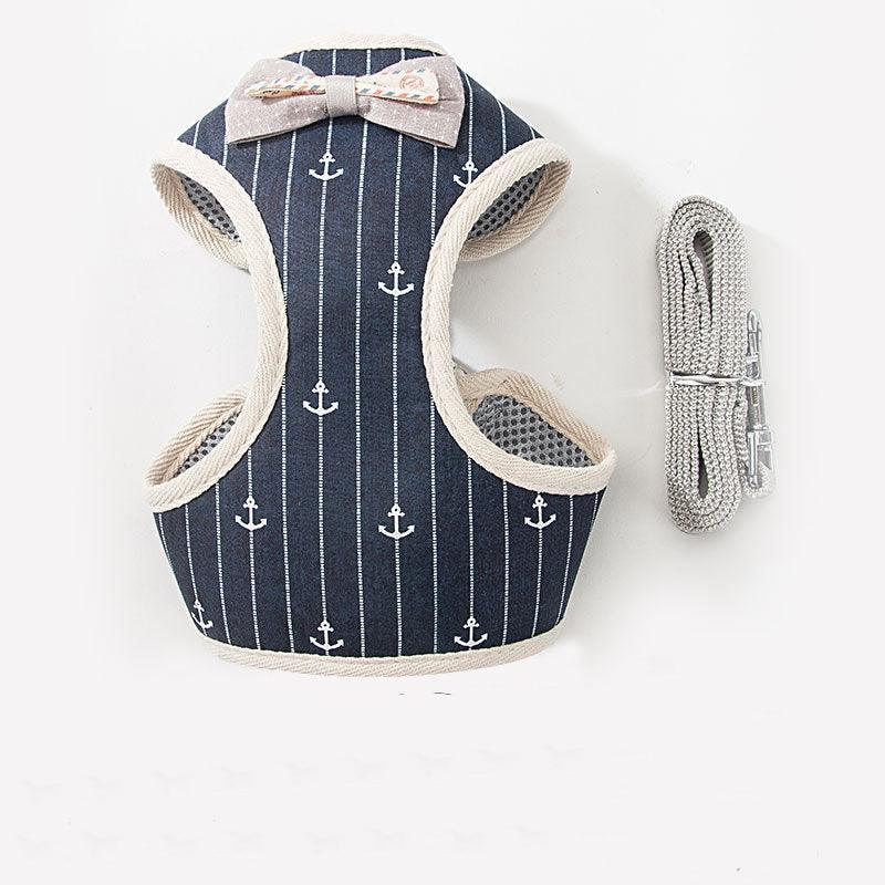 Navy striped mesh pet leash harness set with anchor print and grey leash