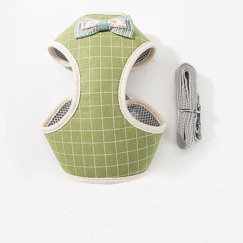 Green grid mesh pet leash harness set with bow top and matching grey leash