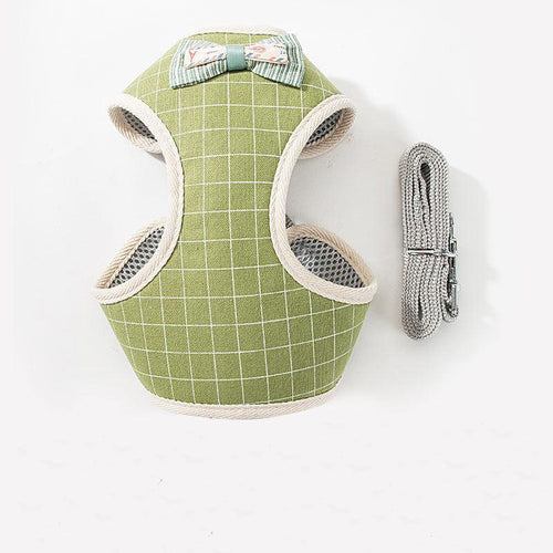 Breathable mesh pet leash harness, green grid vest with grey rope leash