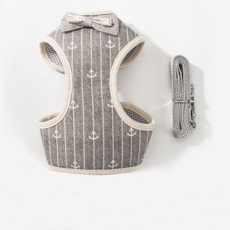 Grey striped mesh pet leash harness set with bow top and matching grey leash
