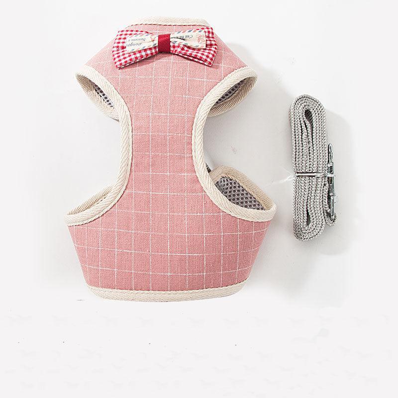 Pink grid mesh pet leash harness set with bow top and matching grey leash