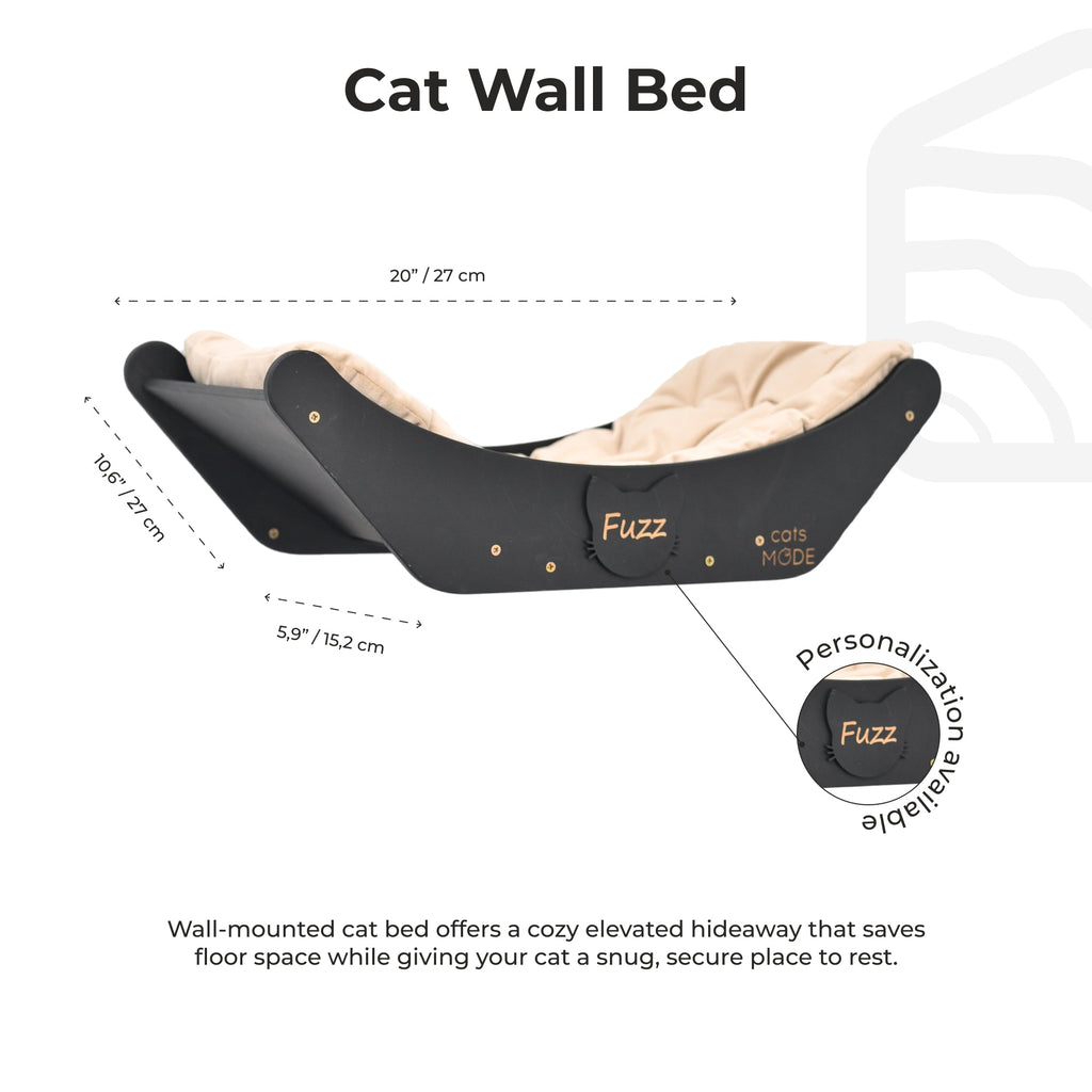 Black wall cat bed with beige cushion, size lines, and 'Fuzz' personalization badge