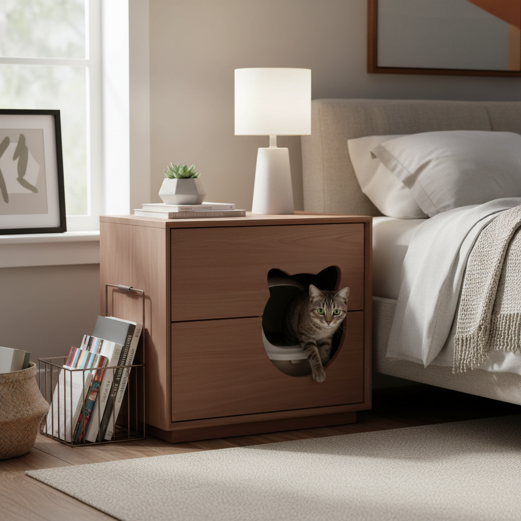 Brown cat litter box enclosure nightstand with magnetic door, cat peeking through opening