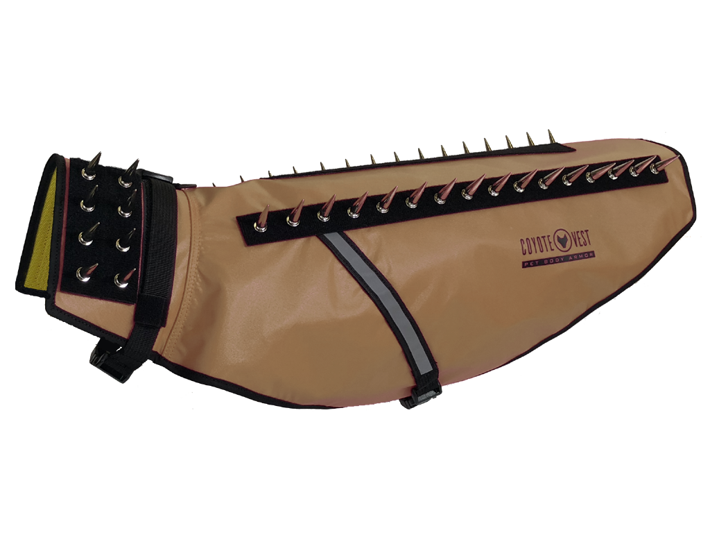 Brown spiked dog vest with black grommet strap and adjustable side buckles