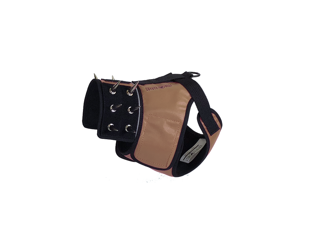 Dog harness with black base and tan padded front panel, metal ring snaps