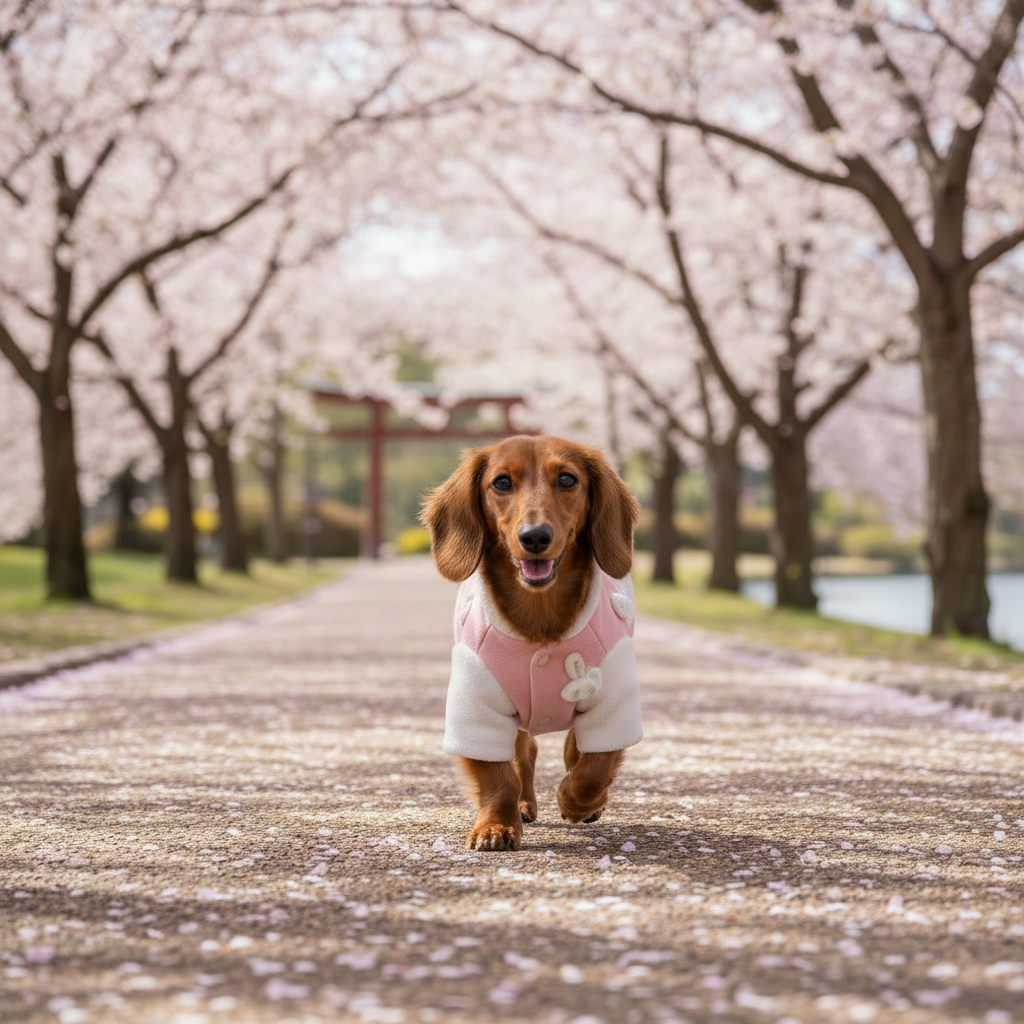 Dog wearing pink color-block pet jacket with bunny patch and striped sleeves