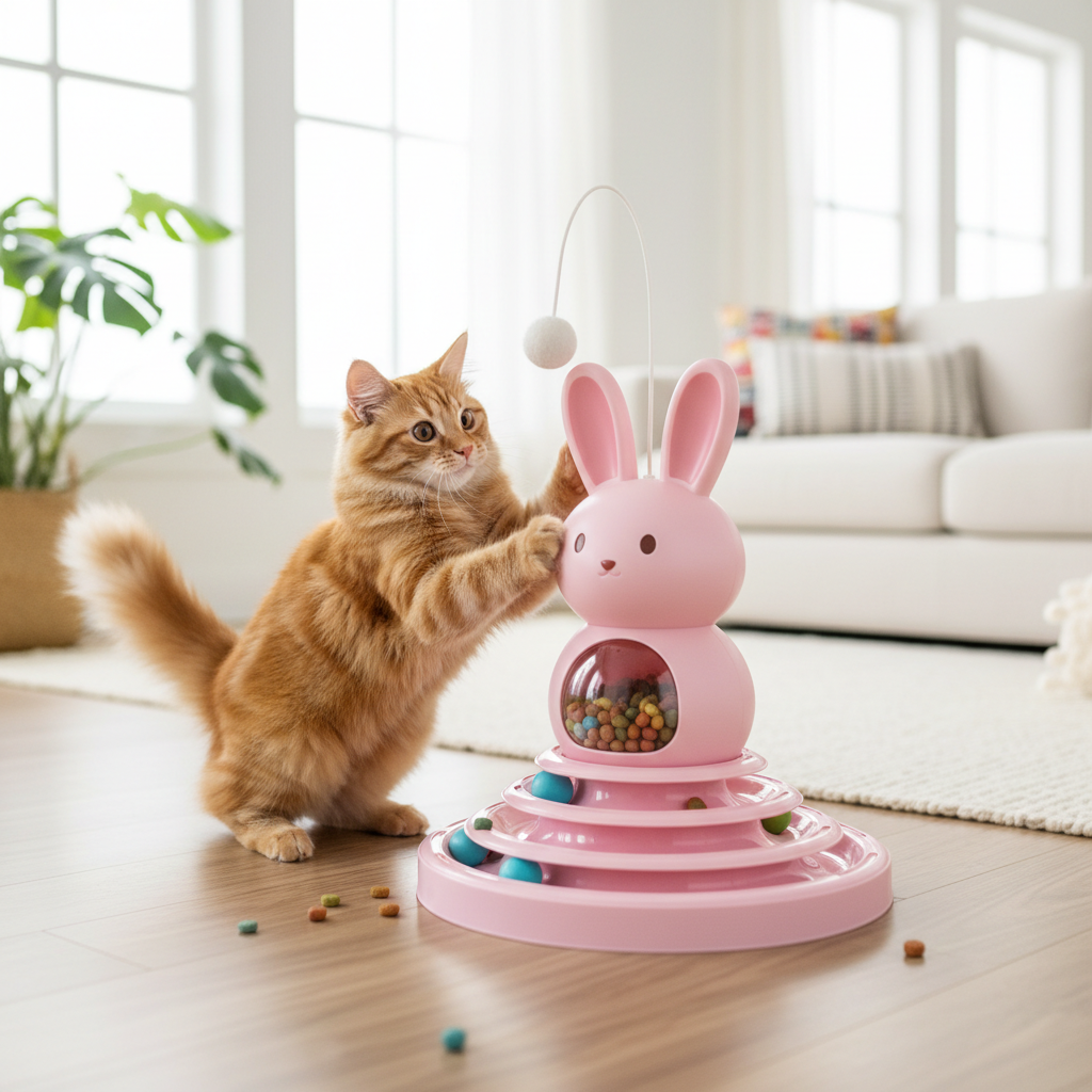 Pink bunny treat dispenser toy with rolling track and hanging ball, rabbit-face design