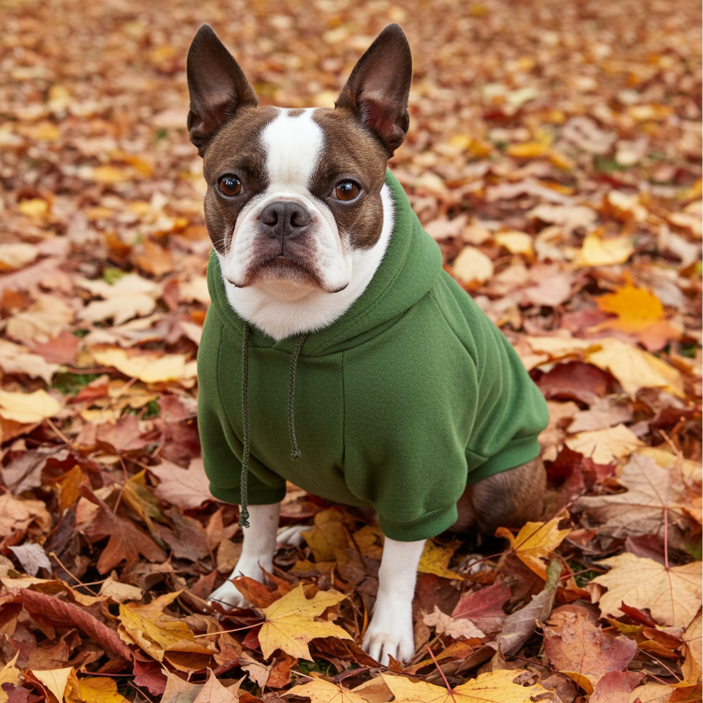 Dog wearing green hooded plush sweater with Pet Life logo on chest