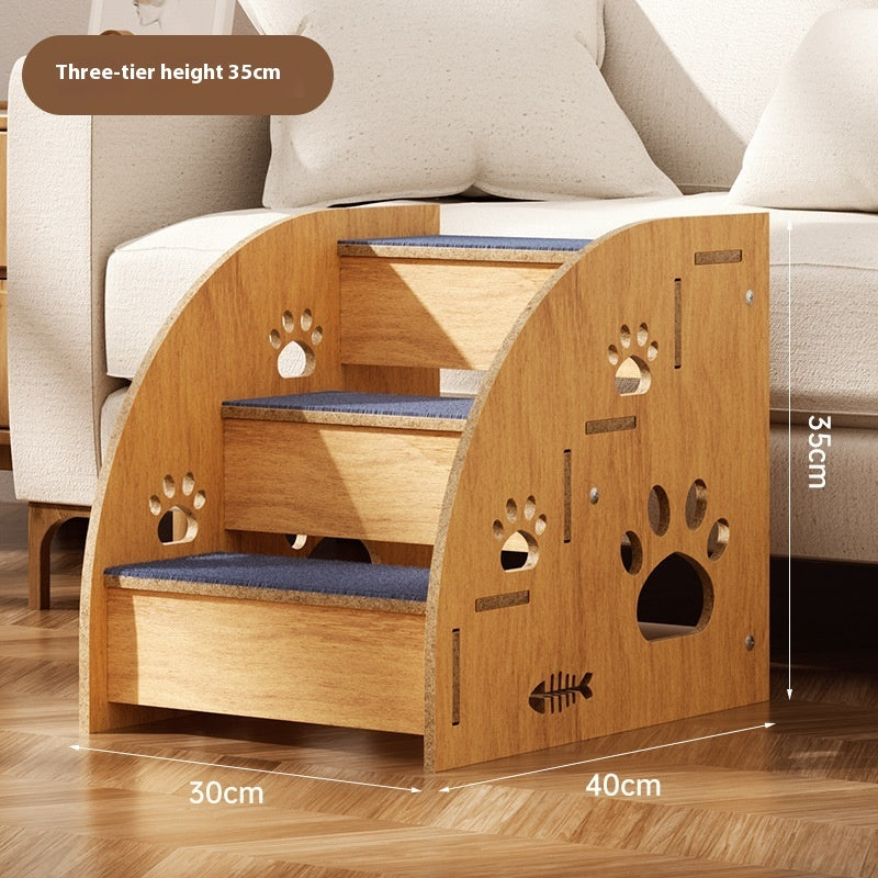 Three-tier wooden pet stairs with non-slip blue steps and paw-print cutouts on side boards.