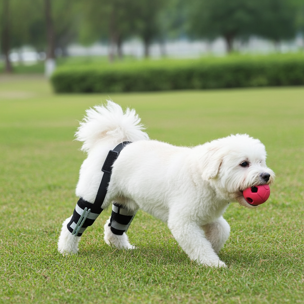 Dog rear leg hock brace with black straps and rigid support panels