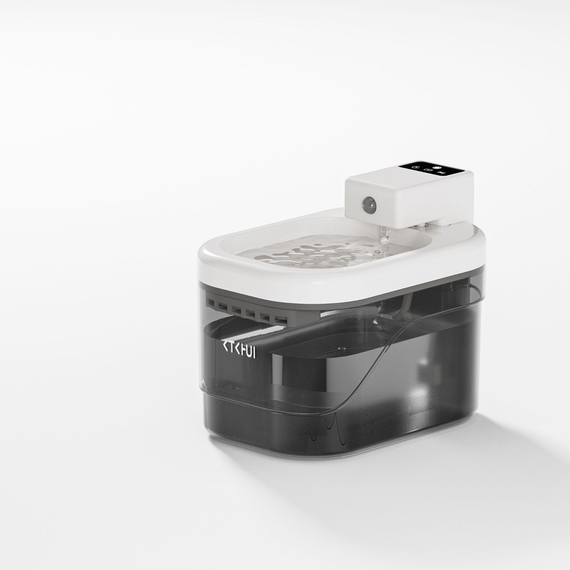 Smart water fountain with white top and dark transparent tank with built-in nozzle.