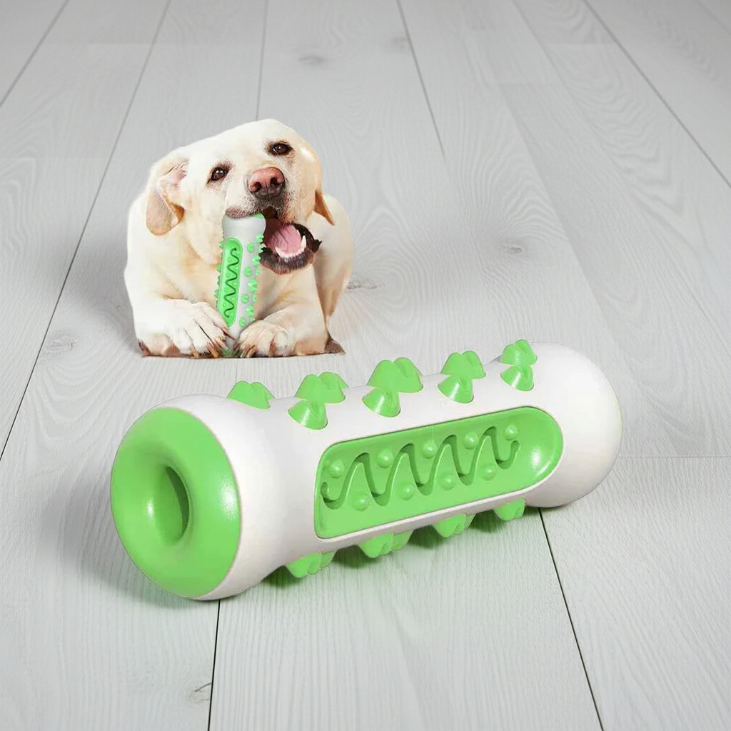 Green chew dog toy with textured grip ridges and handle