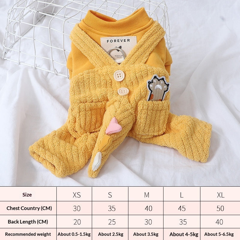 Mustard yellow plush dog hoodie with hood, button front, leash clip ring, and bear patch