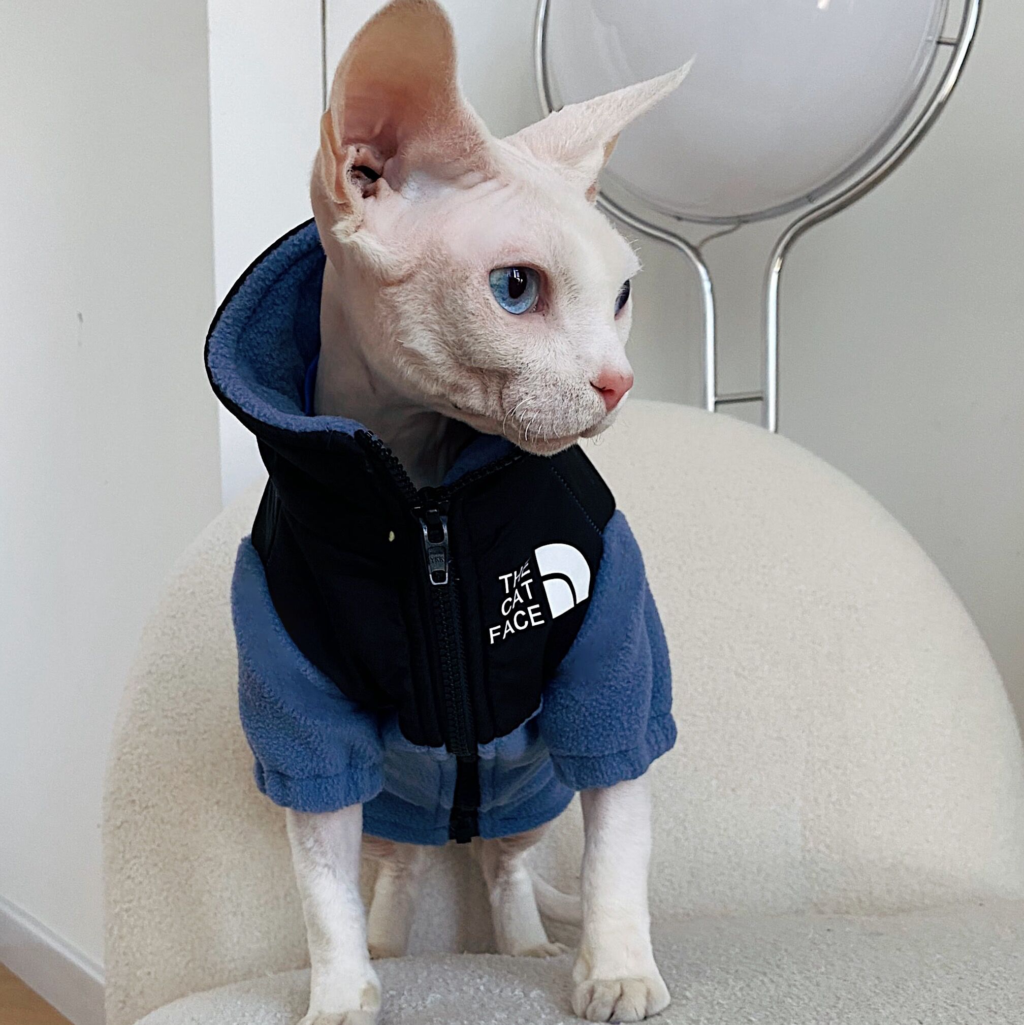 Blue fleece cat jacket with zipper and hood, 'THE CAT FACE' chest patch, side view.