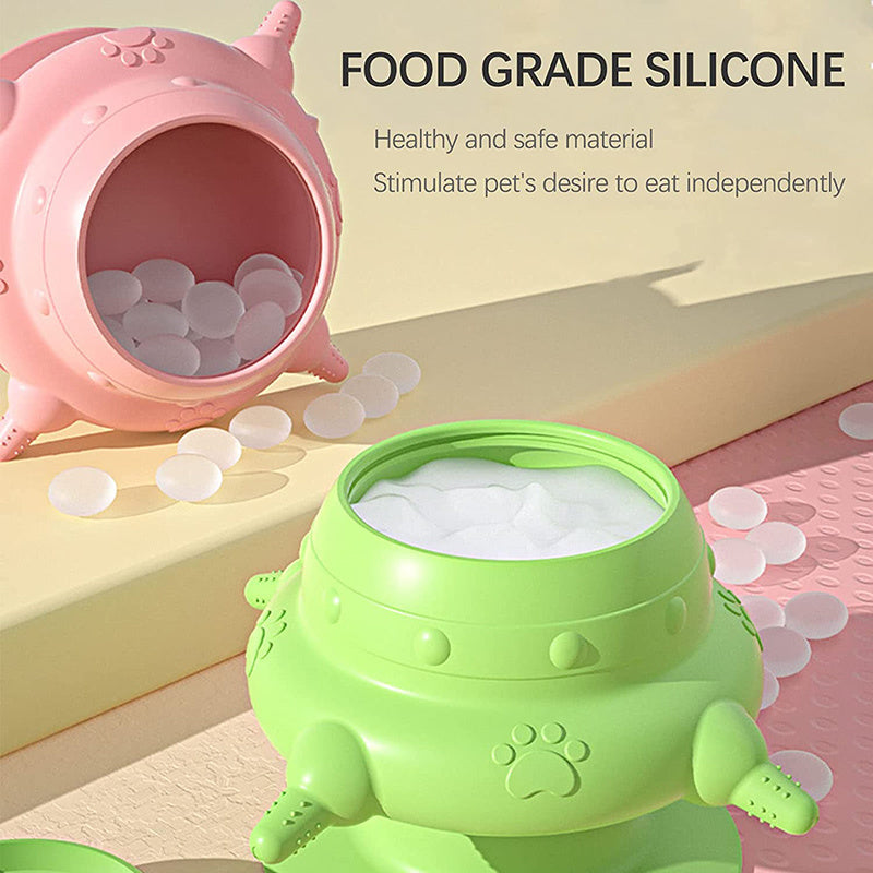 Green silicone pet milk nursing feeder with suction cup base and open reservoir