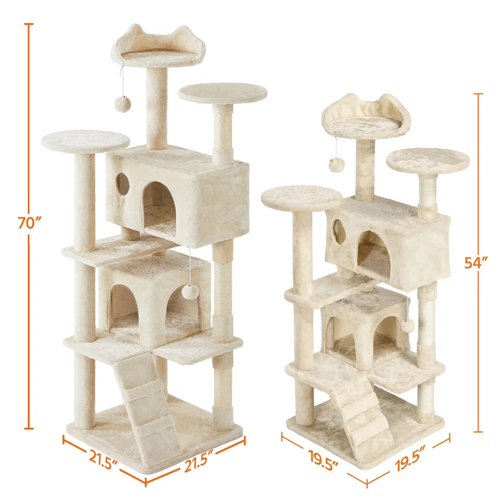 Beige cat tree height diagram showing 70-in tall layout of condos and scratching posts