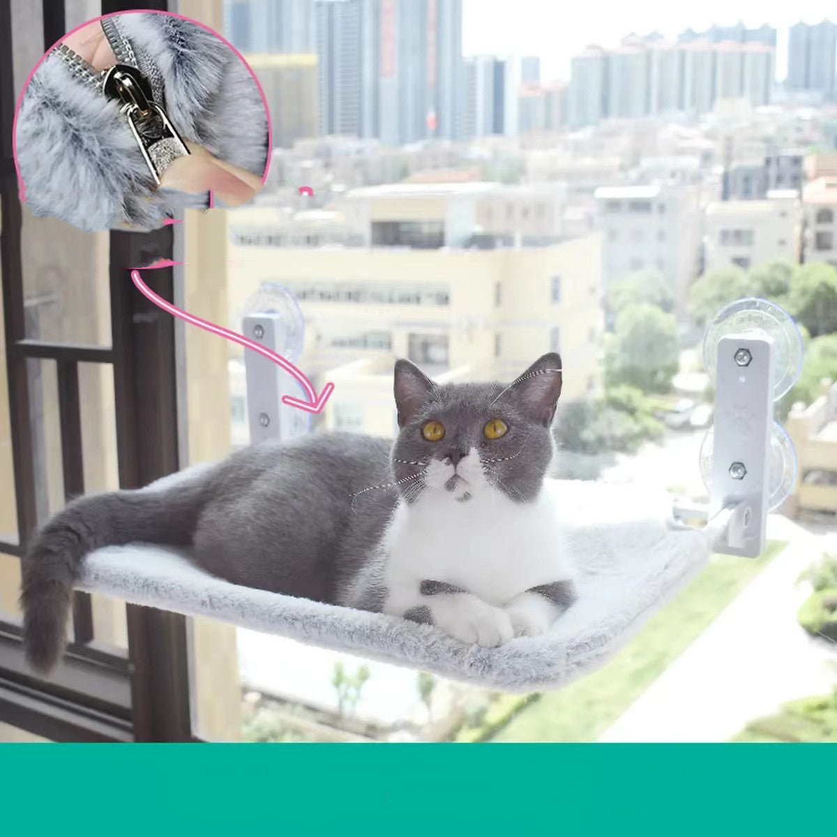 Grey-and-white cat on grey plush window hammock with suction cup brackets