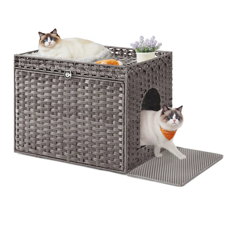 Handwoven rattan hidden cat litter box in gray with open front and included mat