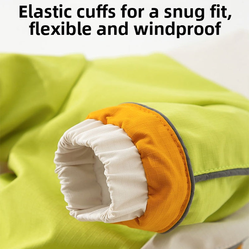 Elastic ankle cuff detail on waterproof dog jumpsuit, green with orange trim