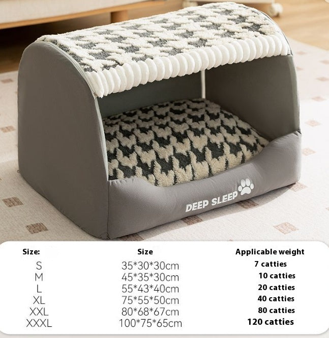 Grey houndstooth enclosed bear pet kennel with removable nest, cushioned interior