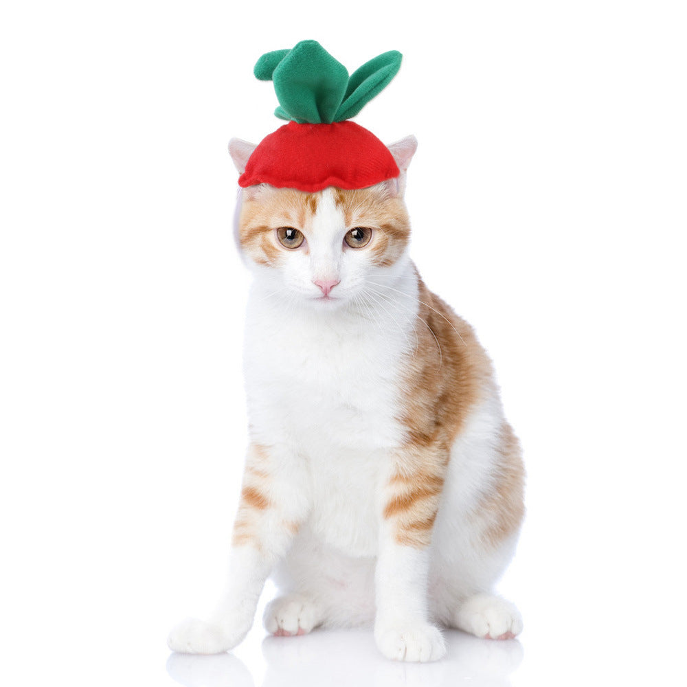 Pet cat hat with red plush vegetable body and green leafy top