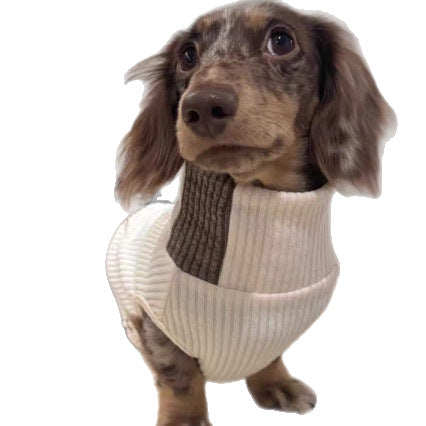 Two-tone knitted pet turtleneck sweater on dog, cream base with dark brown shoulder panel