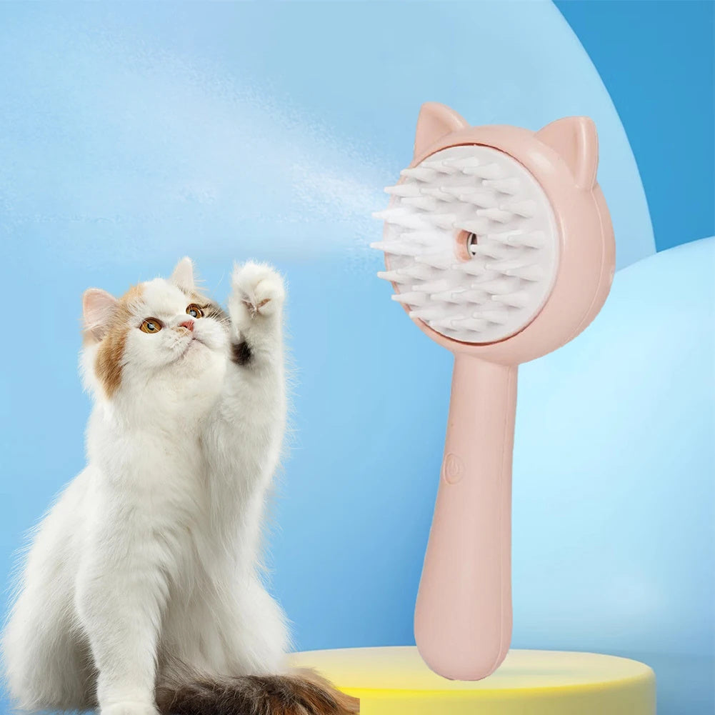 Rechargeable pet mist grooming slicker brush with white bristles, pink handle for cat grooming