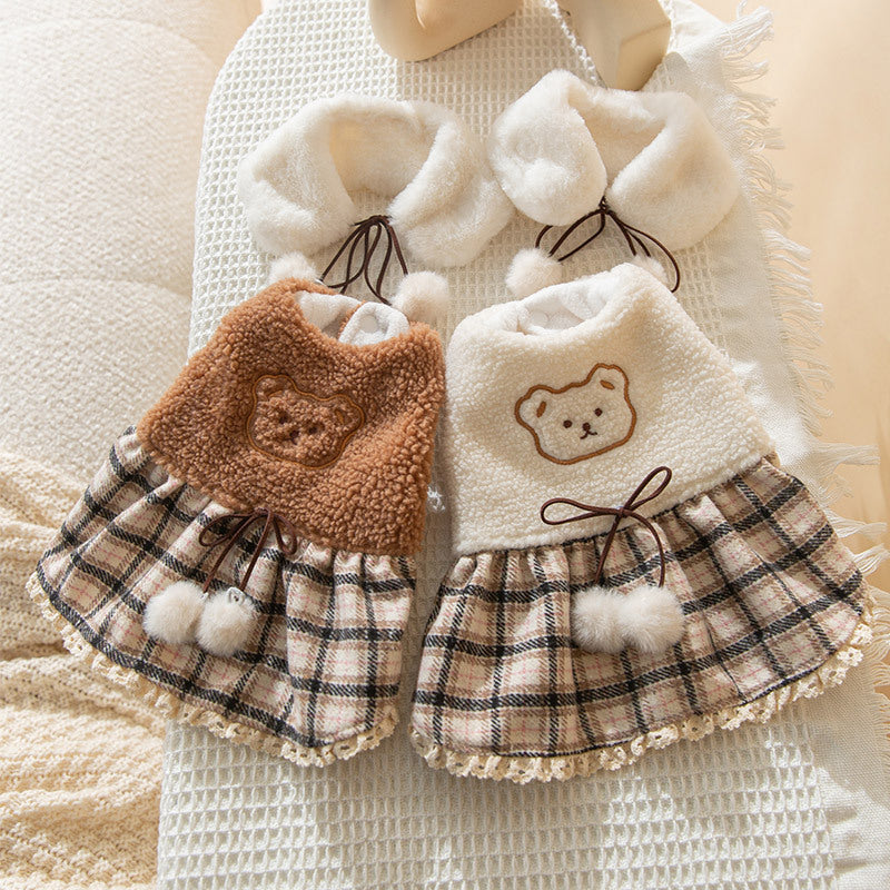 Bear-themed puppy dress set with brown top and plaid skirt, white cuffs