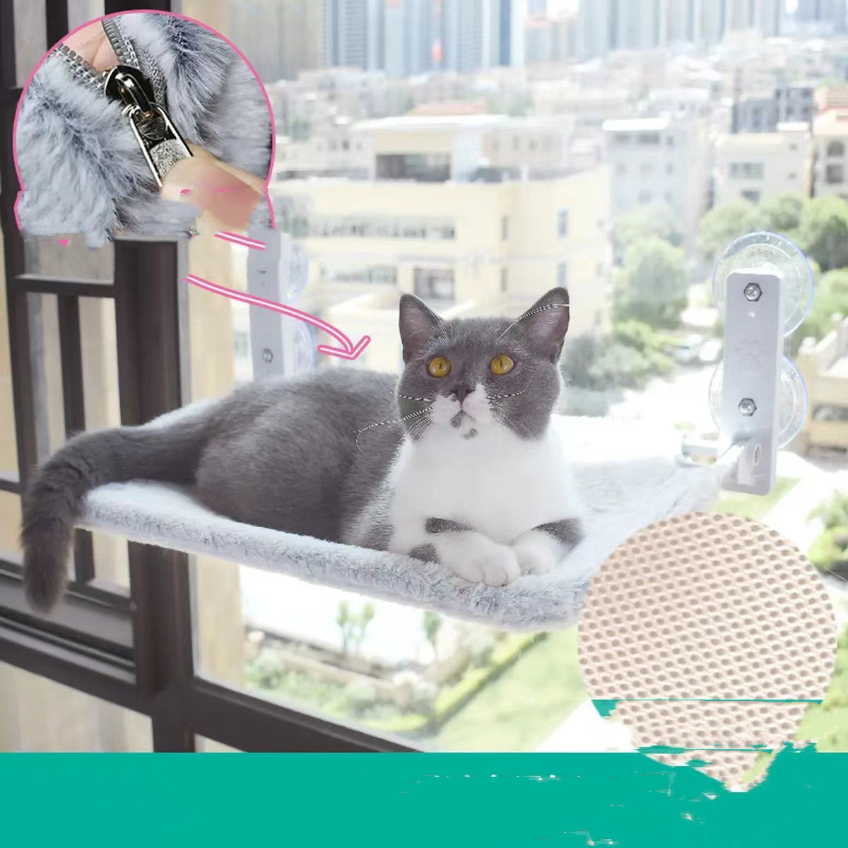 Grey-and-white cat on grey plush window hammock with suction cup brackets and mesh pad