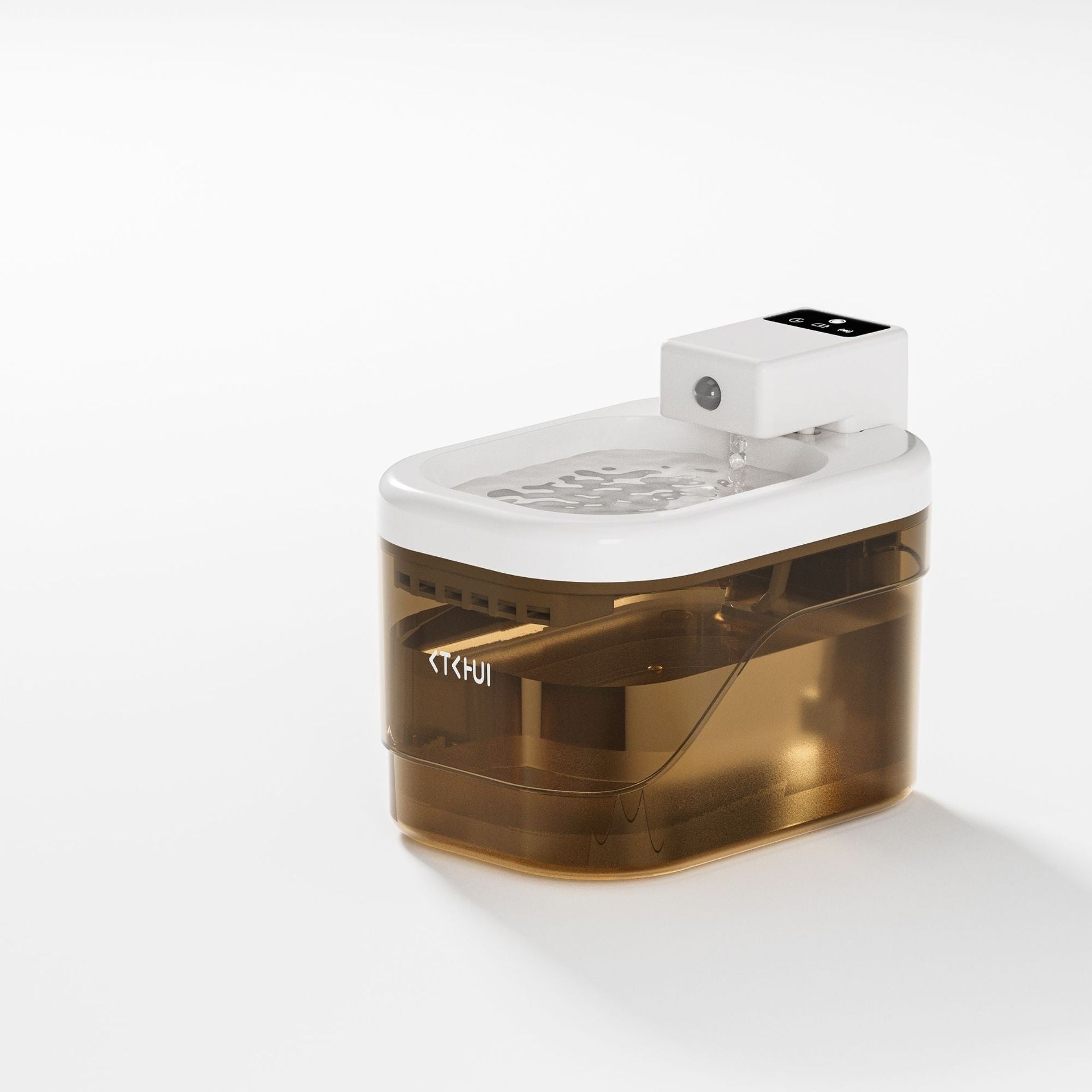 Smart water fountain with white top and amber transparent water tank.