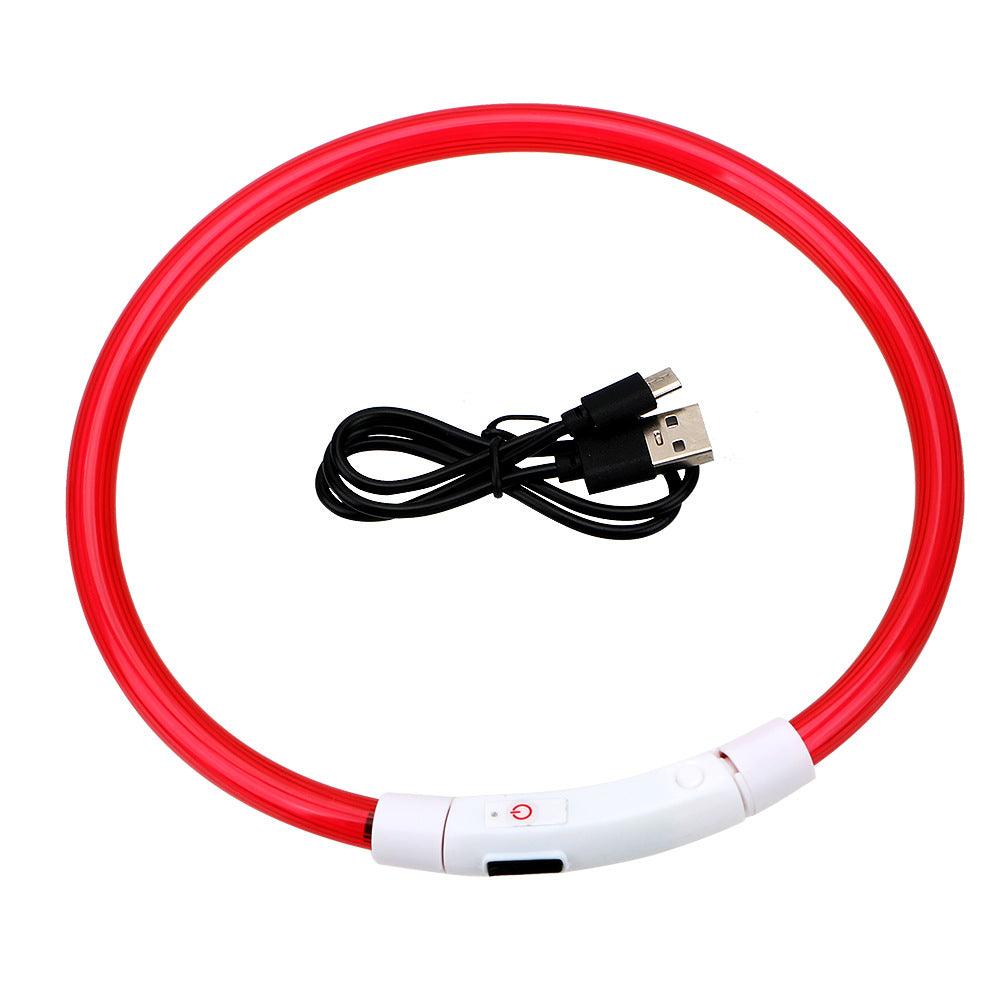 Red USB rechargeable glow pet collar with flashing modes, includes USB charging cable