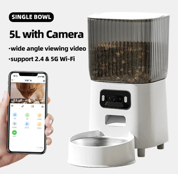 Automatic pet feeder with single bowl, dark ribbed hopper, and phone app view