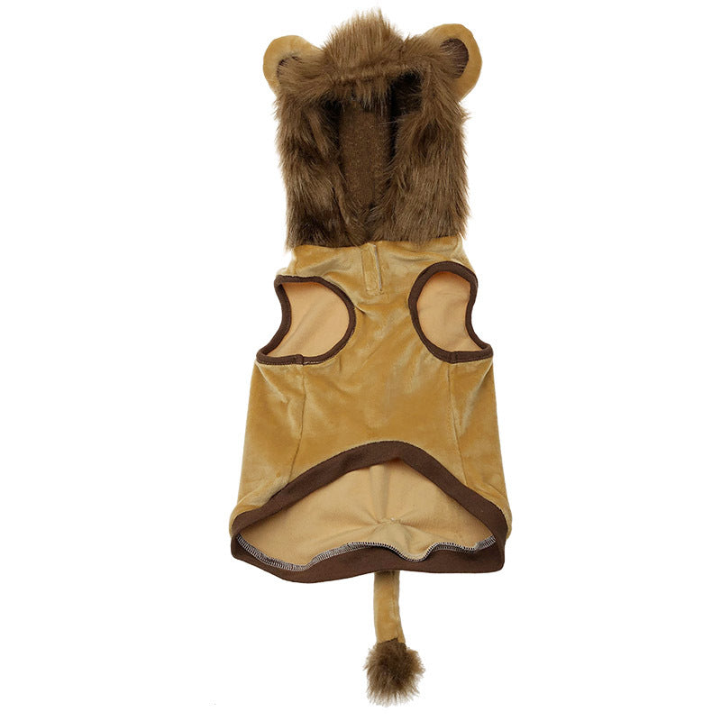Pet lion hood costume back view: beige jumpsuit with brown outline and plush mane