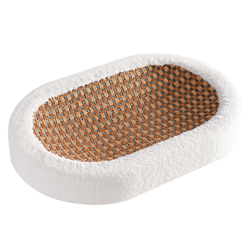 Oval cat scratch basin with orange-brown woven sisal top and white plush sides