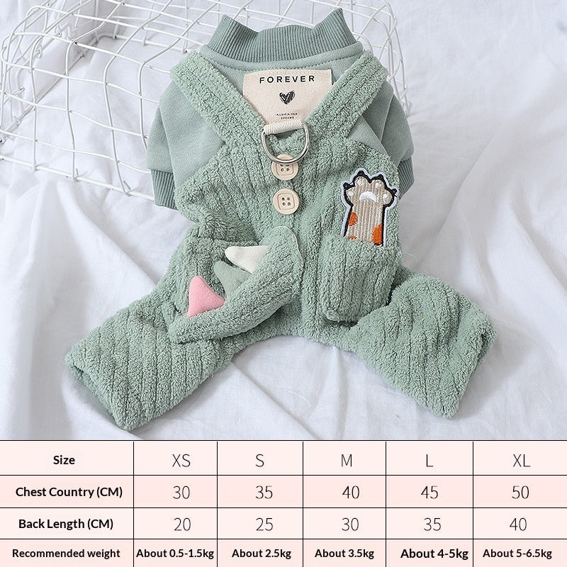 Green plush dog hoodie with hood, button front, leash clip ring, and bear patch