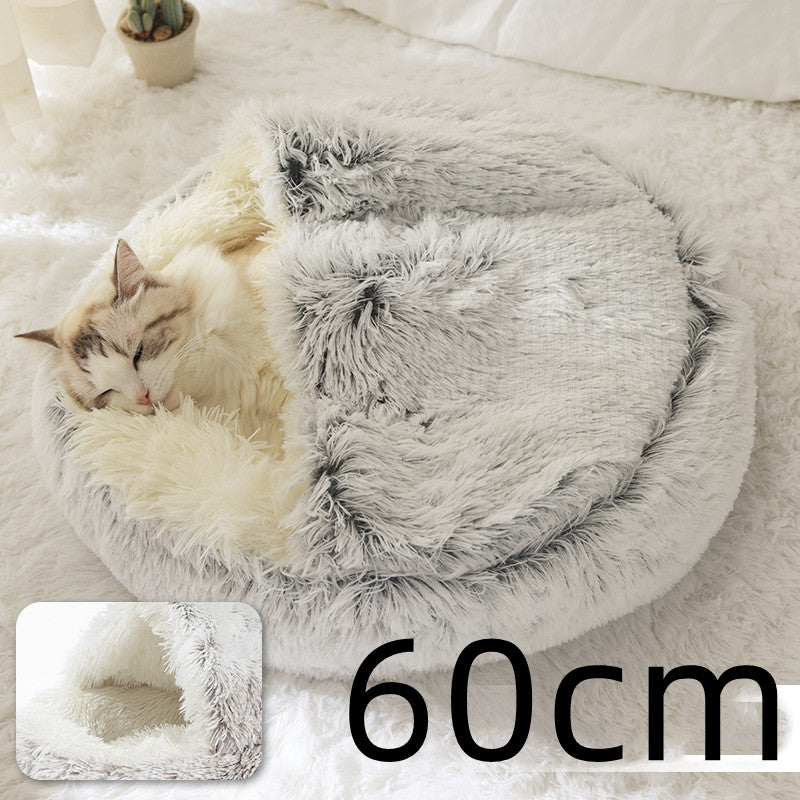 Round plush pet bed with grey shag interior, 60cm, cushioned cave for pets