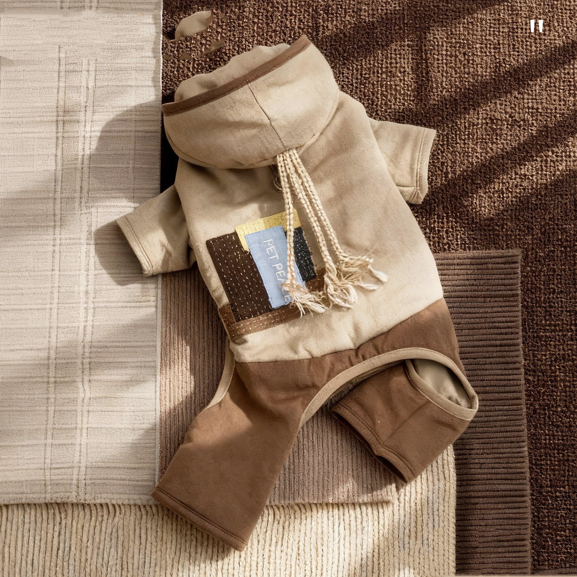 Beige and brown dog jumpsuit with drawstring hood and leg openings