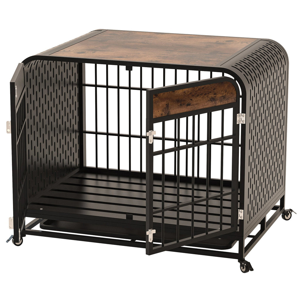 Dog crate table with open front gate, black steel bars, brown wood-look top, caster wheels