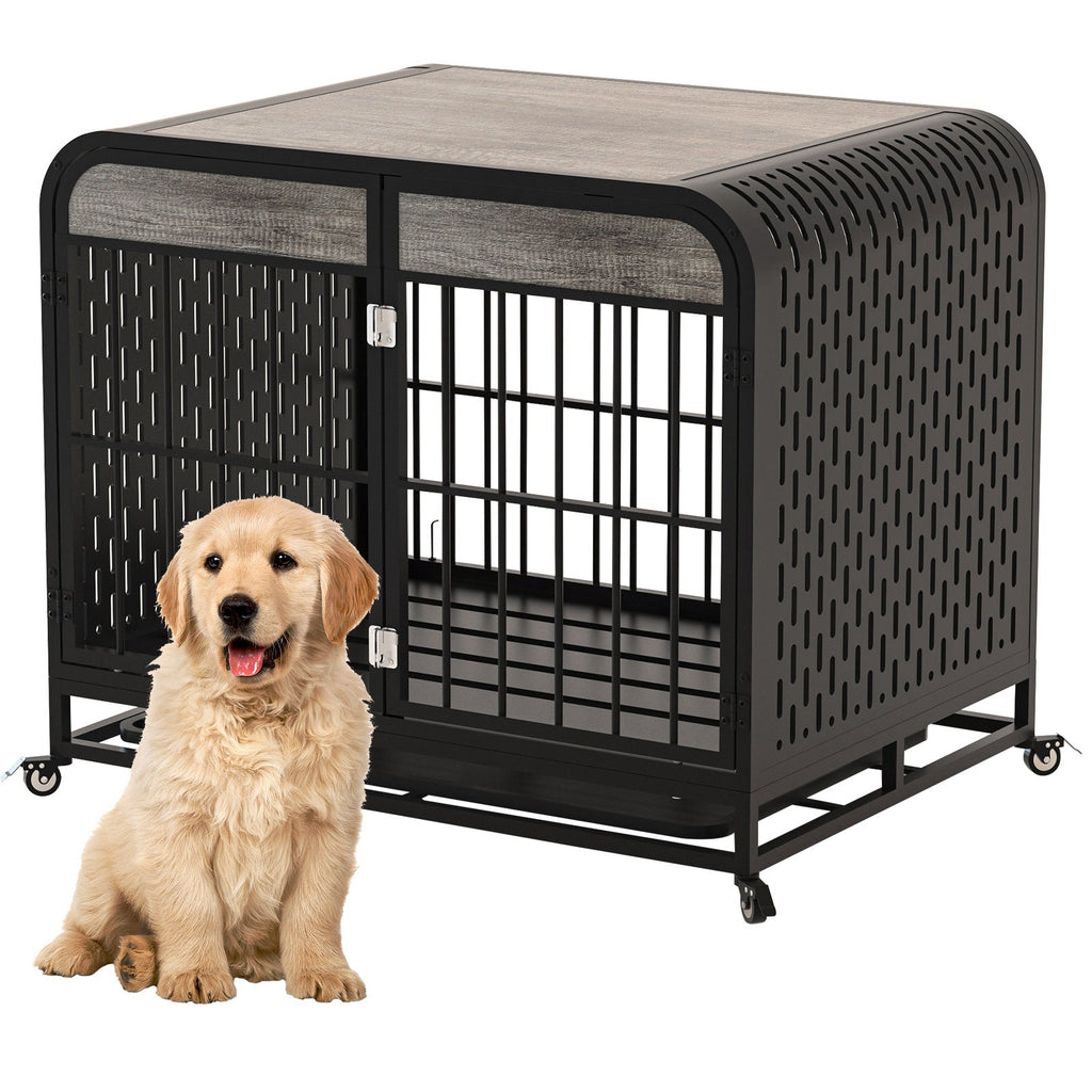 Front view: beige dog in front of grey dog crate table, barred door, perforated sides, rolling wheels