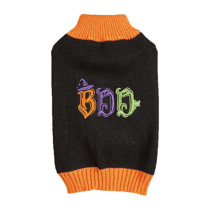 Black pet sweater with orange turtleneck and colorful “BOO” graphic