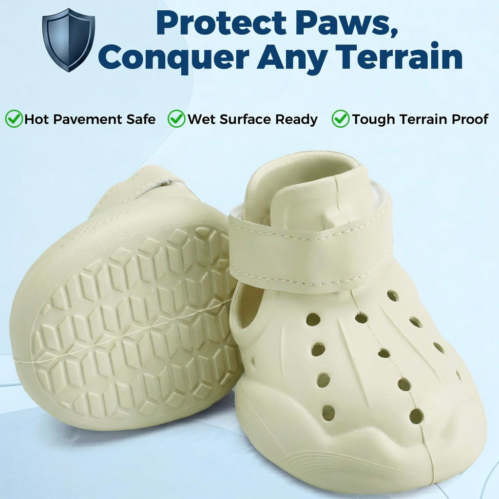Light beige dog clog booties, close-up with textured non-slip sole and hook-and-loop strap.