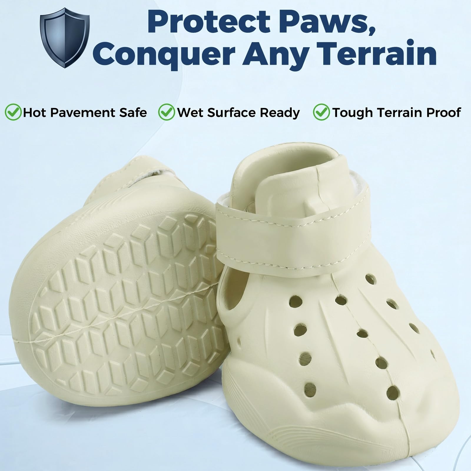 Light beige dog clog booties, close-up with textured non-slip sole and hook-and-loop strap.