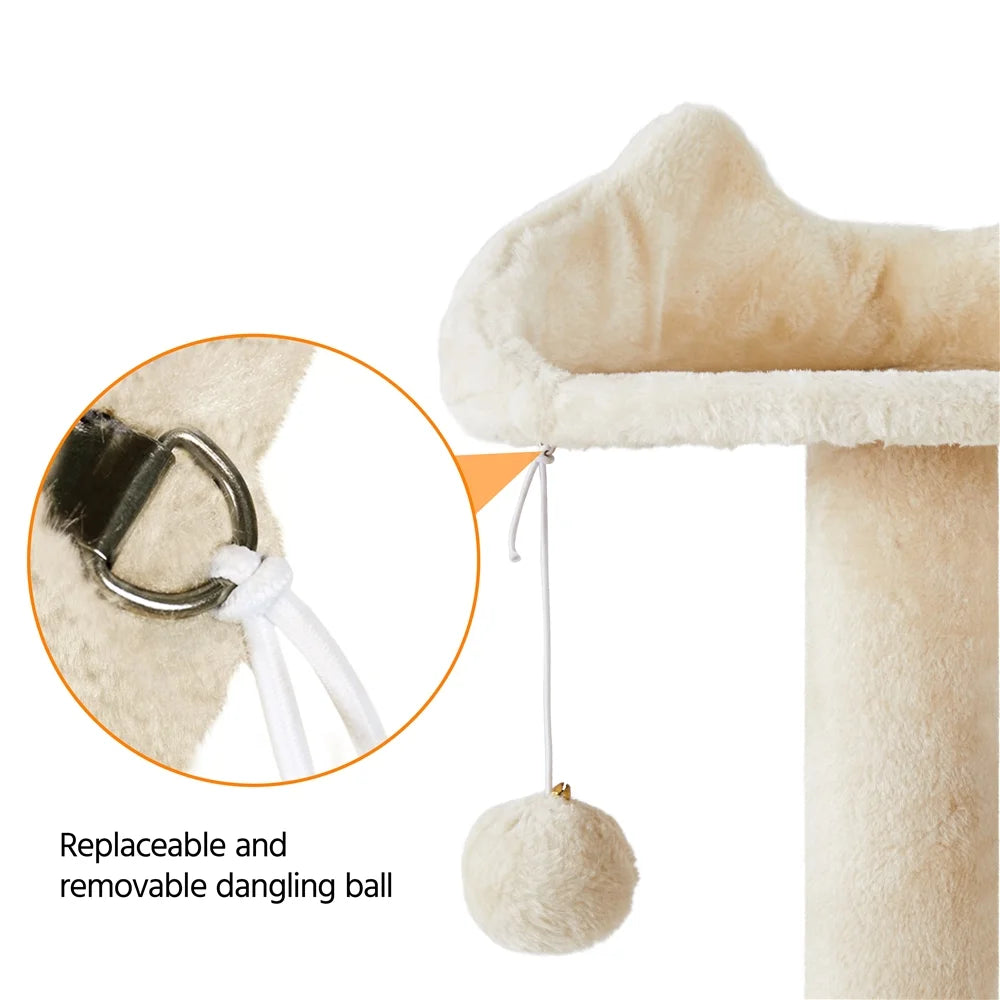 Beige cat tree dangling pom ball on a plush-covered post with removable attachment