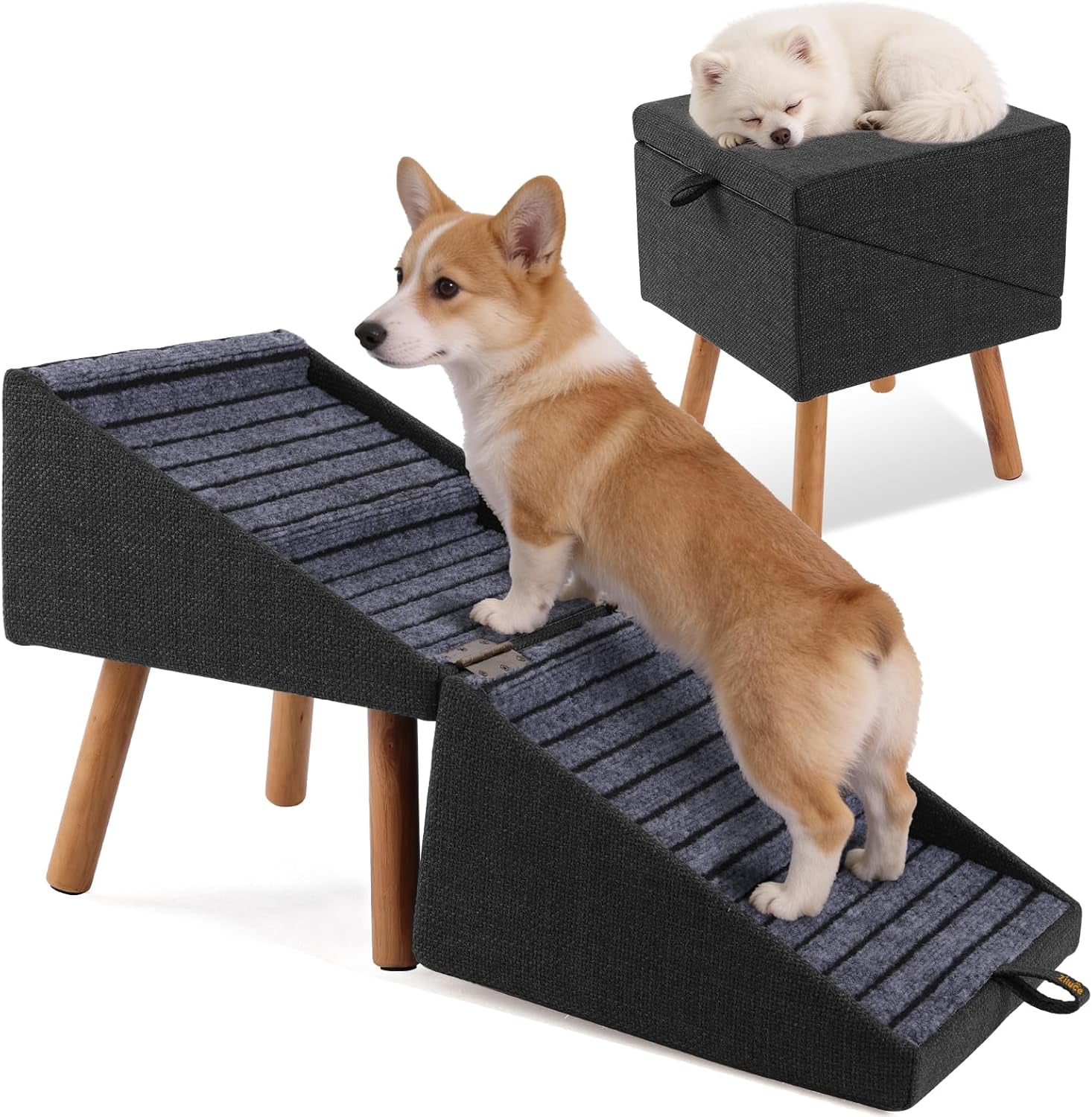 Foldable pet stairs with cushioned anti-slip steps, dark gray fabric and wooden legs