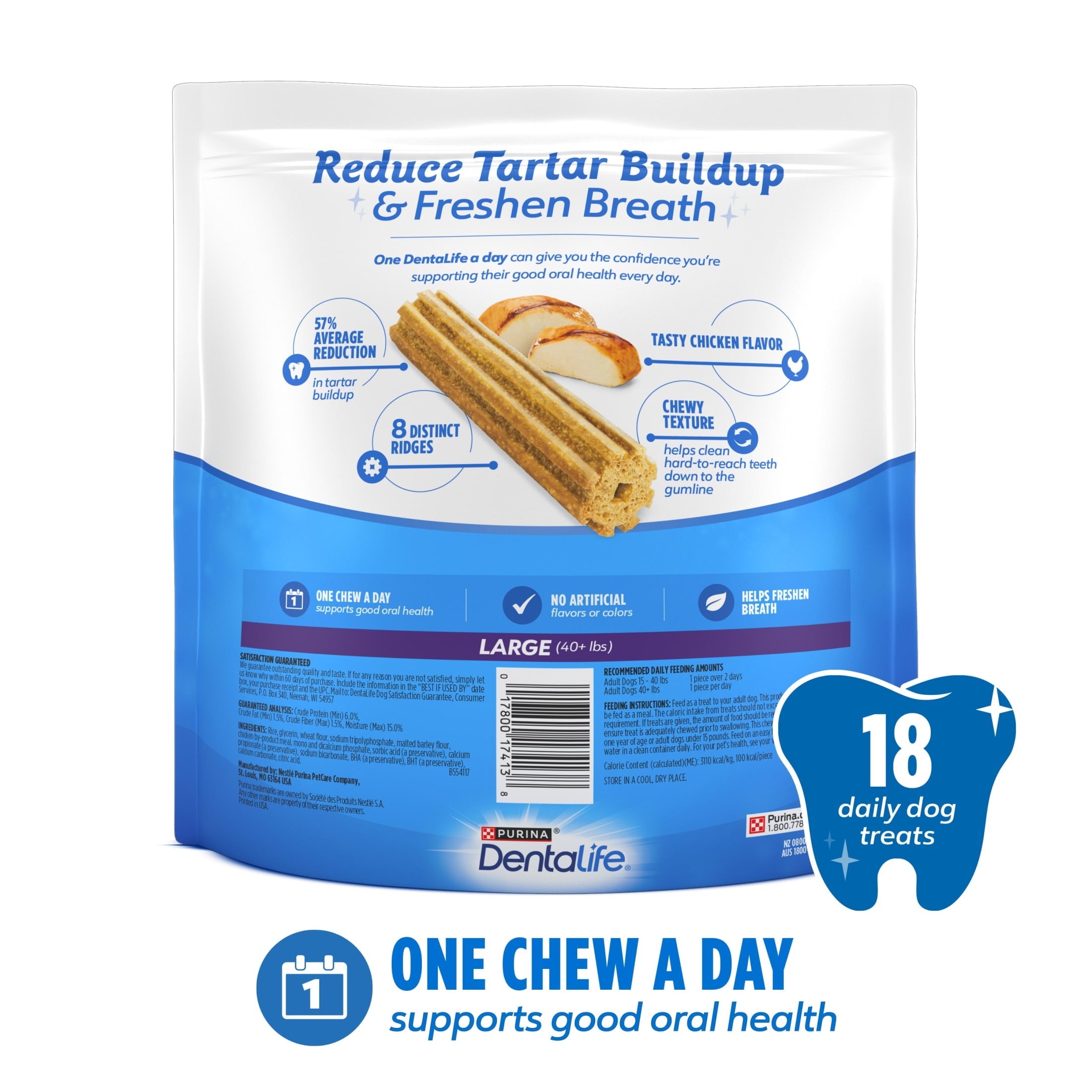 Back of Dentalife Daily Oral Care large chews, one chew a day, 18 daily dog treats