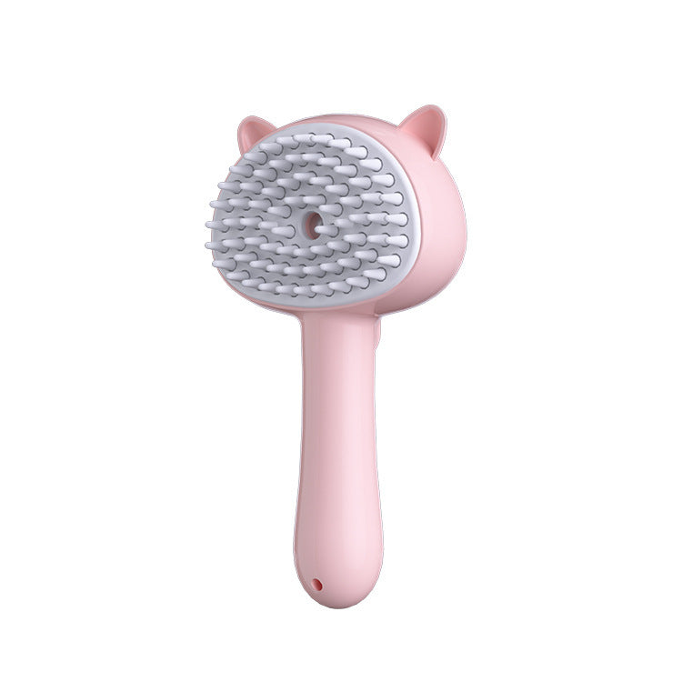 Pink cat grooming slicker brush with gray pin bristles and curved handle